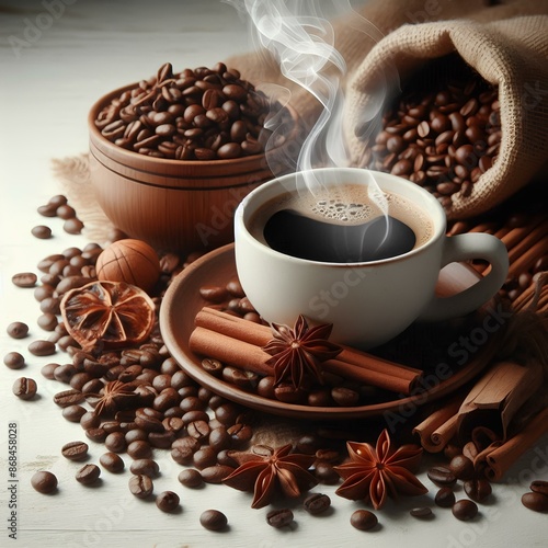 Hot coffee cup and beans roasted on a white background.