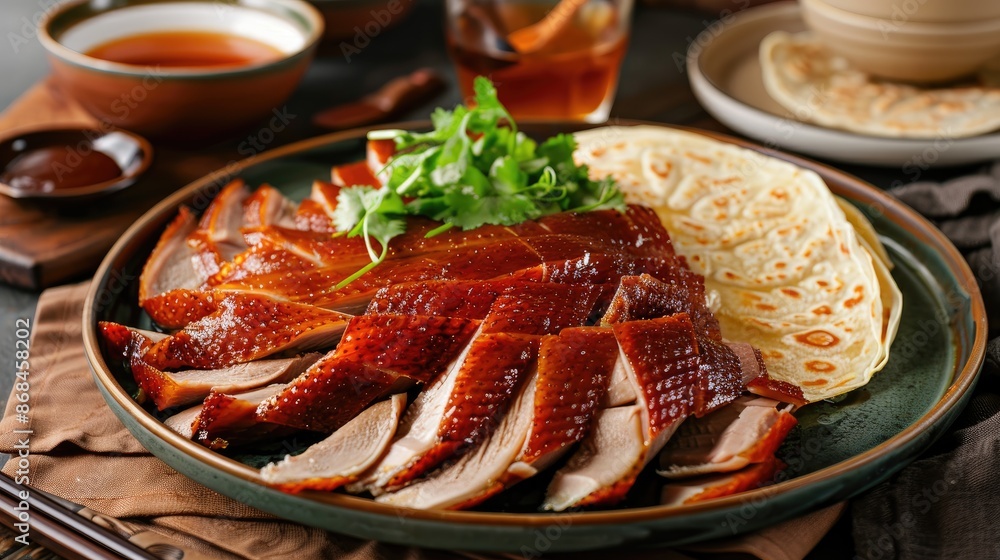 Chinese Peking duck sliced and served with pancakes Chinese Peking duck sliced and served with pancakes