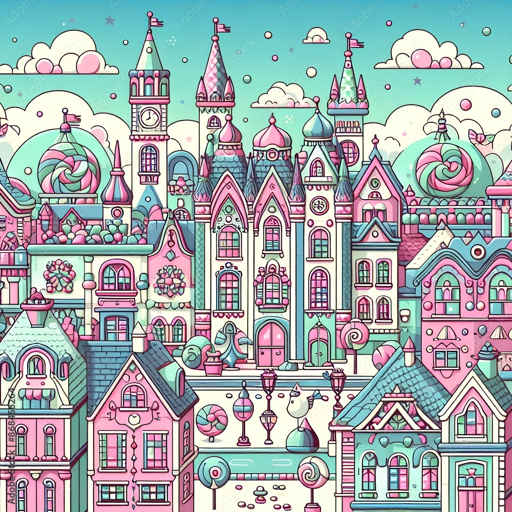 Beautiful fairy tale city in form candy in pastel colors. Beautiful fairy tale city in form candy in pastel colors.