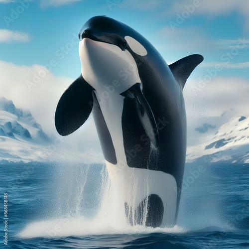 Close up magnificent killer whale jumping over the blue sea. photo