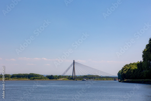 Suspension bridge, Lanaye bridge crossing over the Albert Canal is next to Lanaye and is located in Province de Liège, Walloon Region, Belgium, Border between Maastricht, South Limburg, Netherlands.