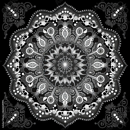 a black and white circular design on a black background