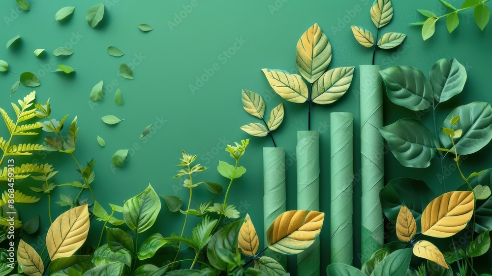 Fototapeta premium Sustainable finance charts with fresh leaves, highlighting positive growth, illustration background