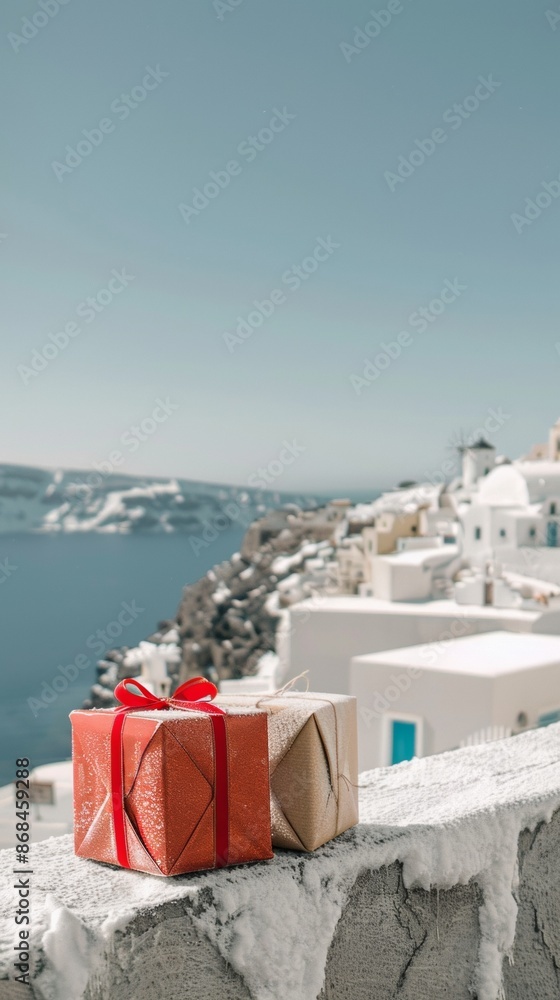 Obraz premium Festive Wrapped Gifts on Snowy Mediterranean Balcony with Blue Sky, Holiday Vibe and Minimalistic Style