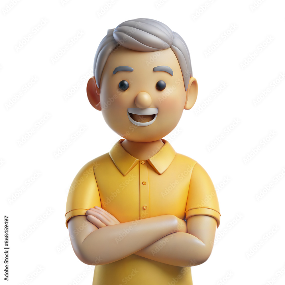 Smiling 3D Cartoon Senior Man With Crossed Arms Wearing a Yellow Polo Shirt Smiling 3D Cartoon Senior Man With Crossed Arms Wearing a Yellow Polo Shirt