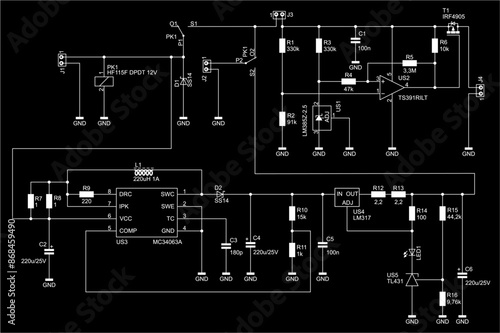 Schematic diagram of electronic device on sheet of paper. Vector drawing electrical circuit with operational amplifier, 
connector, resistor, integrated circuit, capacitor, led,
coil, other components