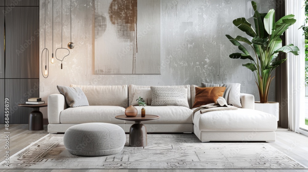 Fototapeta premium Small Rug. Bright and Colourful Design for Stylish Living Room Interior with Modern Furniture