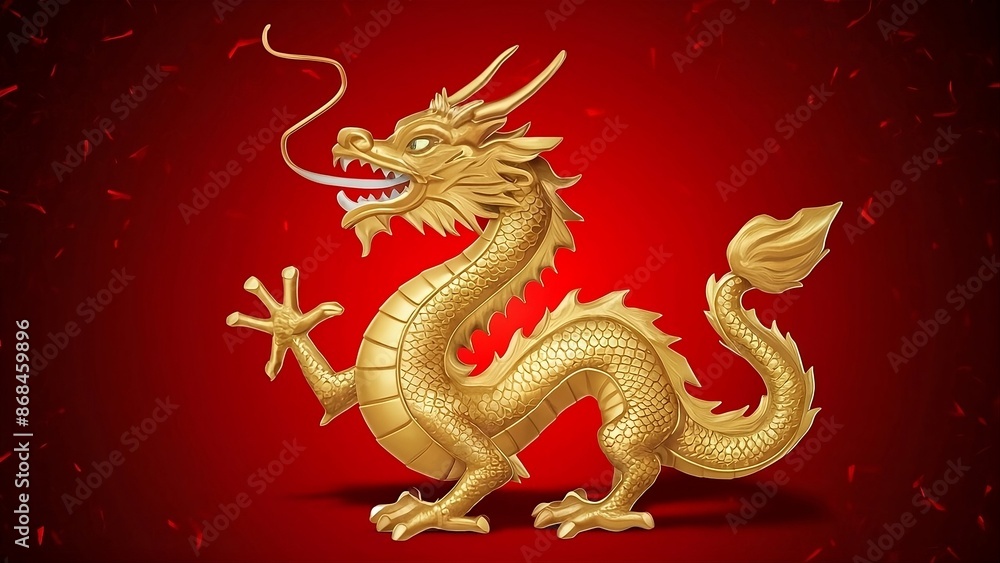 Obraz premium Majestic Golden Dragon on Vibrant Red Festive Background
