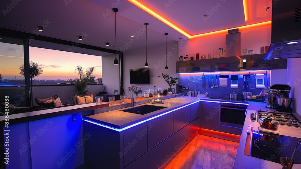 Transform your kitchen into an inviting entertainment zone with a large TV screen and LED strips illuminating the island Transform your kitchen into an inviting entertainment zone with a large TV screen and LED strips illuminating the island