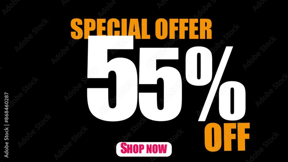 Special offer 55% off shop now, Looping seamless text animation design 4K HD rendering vedio on black background. Special offer 55% off shop now, Looping seamless text animation design 4K HD rendering vedio on black background.
