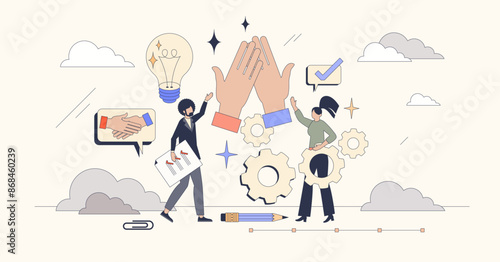 Team collaboration and work partnership tiny person neubrutalism concept. Efficiency and productivity with partner cooperation for success and achievements vector illustration. Business staff team.