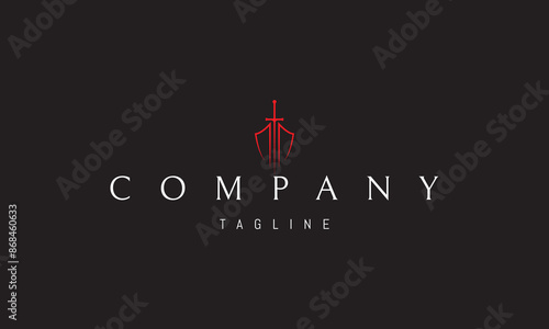 Vector red logo on which an abstract image of a shield with a sword in a linear style.