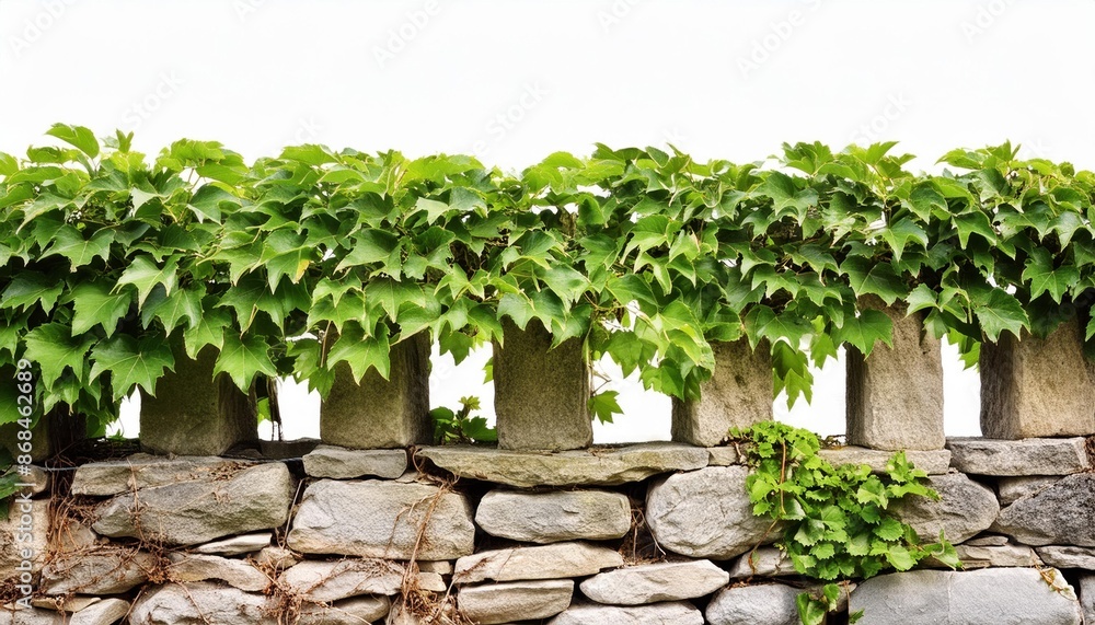 Ivy plant on stone fence isolated on white. Nature and plants concept Ivy plant on stone fence isolated on white. Nature and plants concept