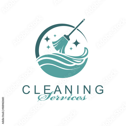 cleaning service design with broom and water splash isolated on white background