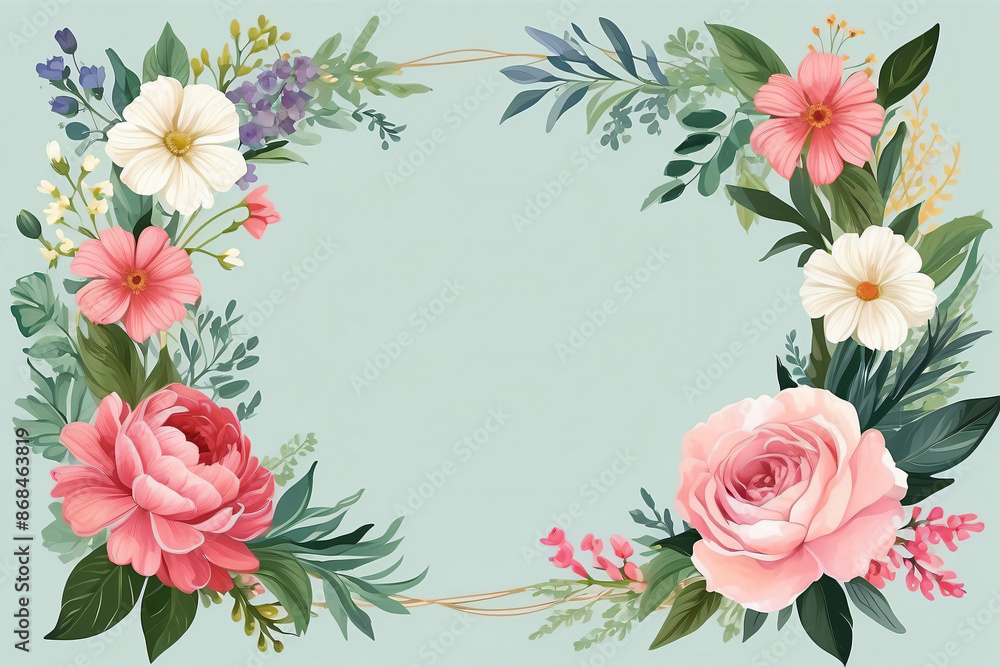 Fototapeta premium A blank wedding invitation adorned with a watercolor floral frame