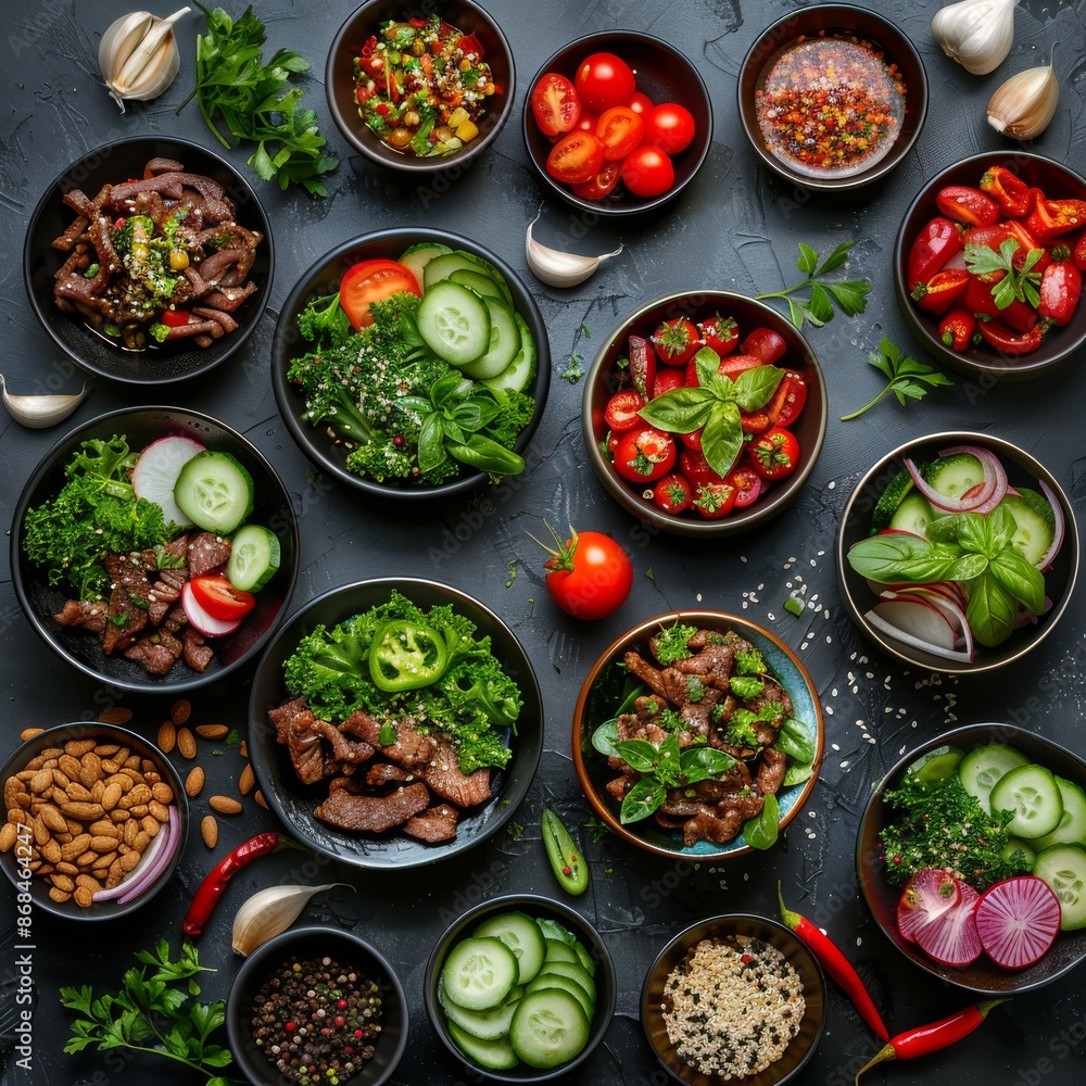 Spicy Salads Set, Salat Collection with Beef Meat and Vegetables Salats Top View, Restaurant Buffet Menu Spicy Salads Set, Salat Collection with Beef Meat and Vegetables Salats Top View, Restaurant Buffet Menu