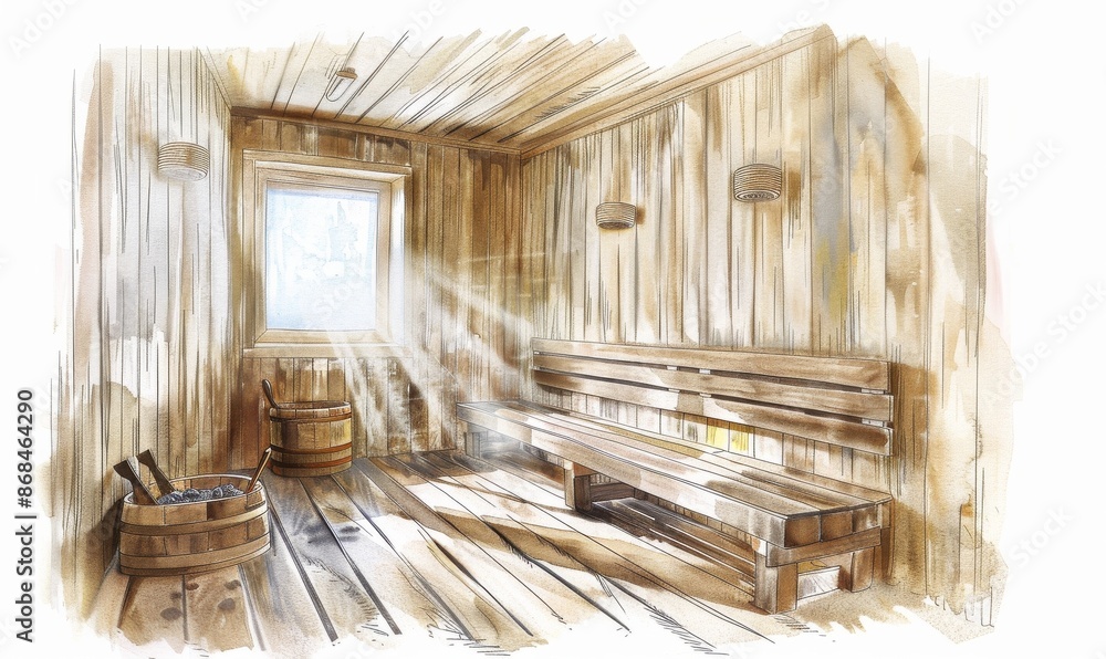 interior of a beautiful wooden sauna in a cottage Digital illustration, white background interior of a beautiful wooden sauna in a cottage Digital illustration, white background