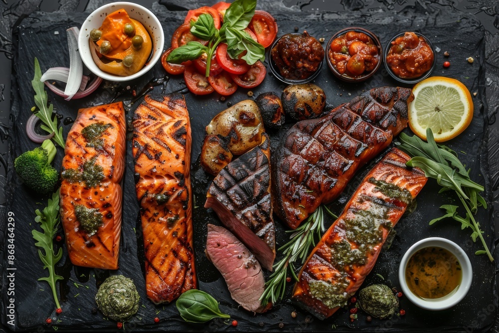 Barbecue Set with Grilled Salmon Steak, Uchpanja and Fried Beef Tenderloin on Black Stone Top View Barbecue Set with Grilled Salmon Steak, Uchpanja and Fried Beef Tenderloin on Black Stone Top View