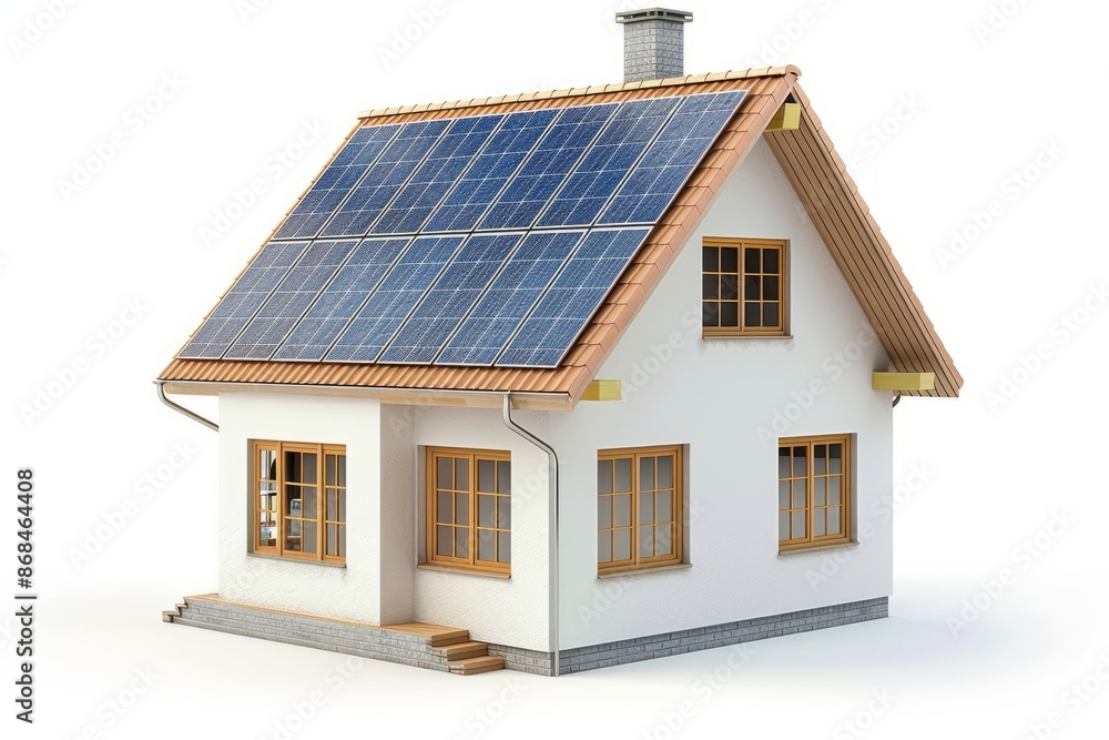 3D Model home with solar cell at rooftop, model house resident solar energy panel at rooftop