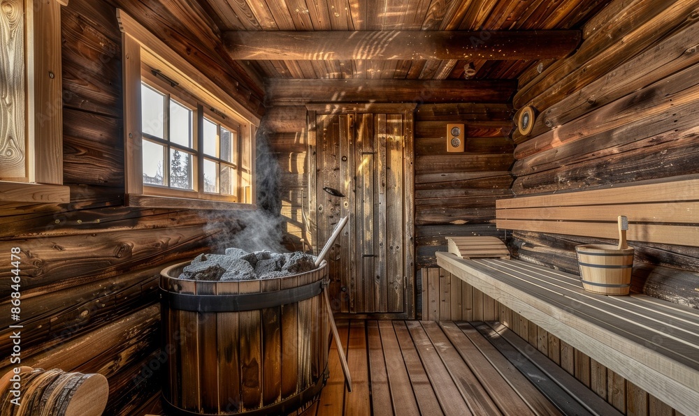 Interior of Finnish sauna, classic wooden sauna with hot steam. Russian bathroom. Relax in hot sauna with steam. Wooden interior Interior of Finnish sauna, classic wooden sauna with hot steam. Russian bathroom. Relax in hot sauna with steam. Wooden interior