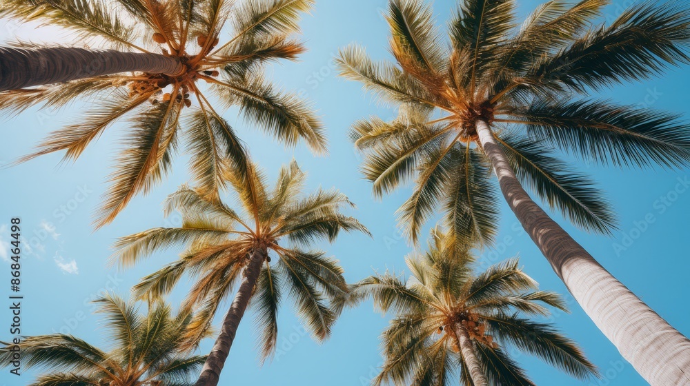 Palm trees as seen from below on a blue sky Palm trees as seen from below on a blue sky