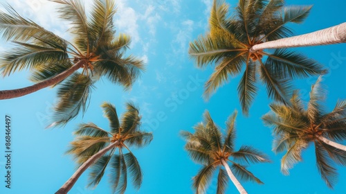 Palm trees as seen from below on a blue sky © Murkemur