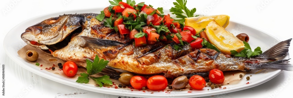Dorado Baked with Tomato Salsa, Greens and Olives, Whole Grilled Sea Bream Fish on Rustic Paper Dorado Baked with Tomato Salsa, Greens and Olives, Whole Grilled Sea Bream Fish on Rustic Paper