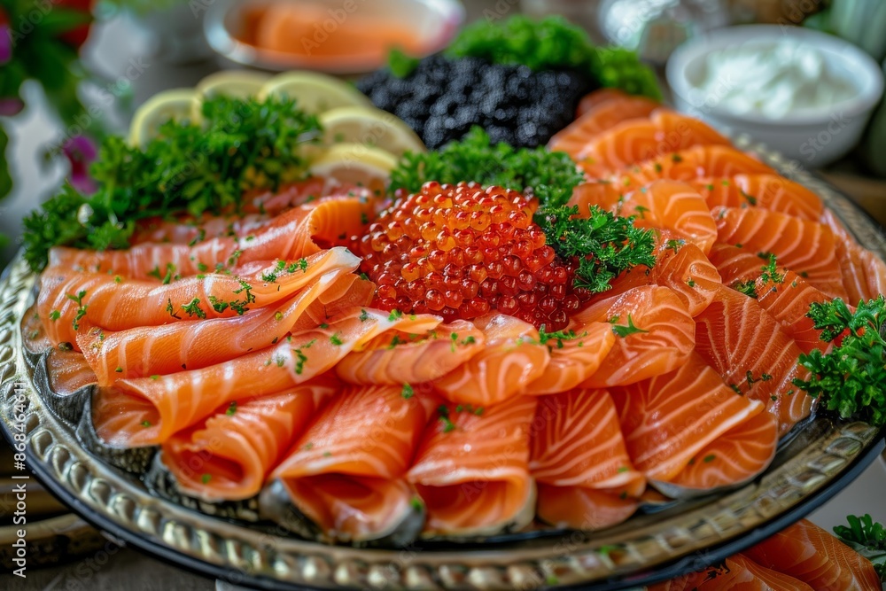 Fish Platter with Light-Salted Salmon, Smoked Salmon, Red Caviar and Black Bread Toast Fish Platter with Light-Salted Salmon, Smoked Salmon, Red Caviar and Black Bread Toast