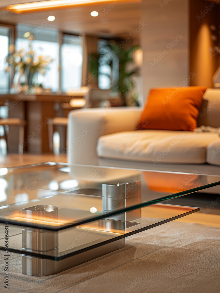 Modern living room with a glass table and white sofa with orange cushion. Modern living room with a glass table and white sofa with orange cushion.
