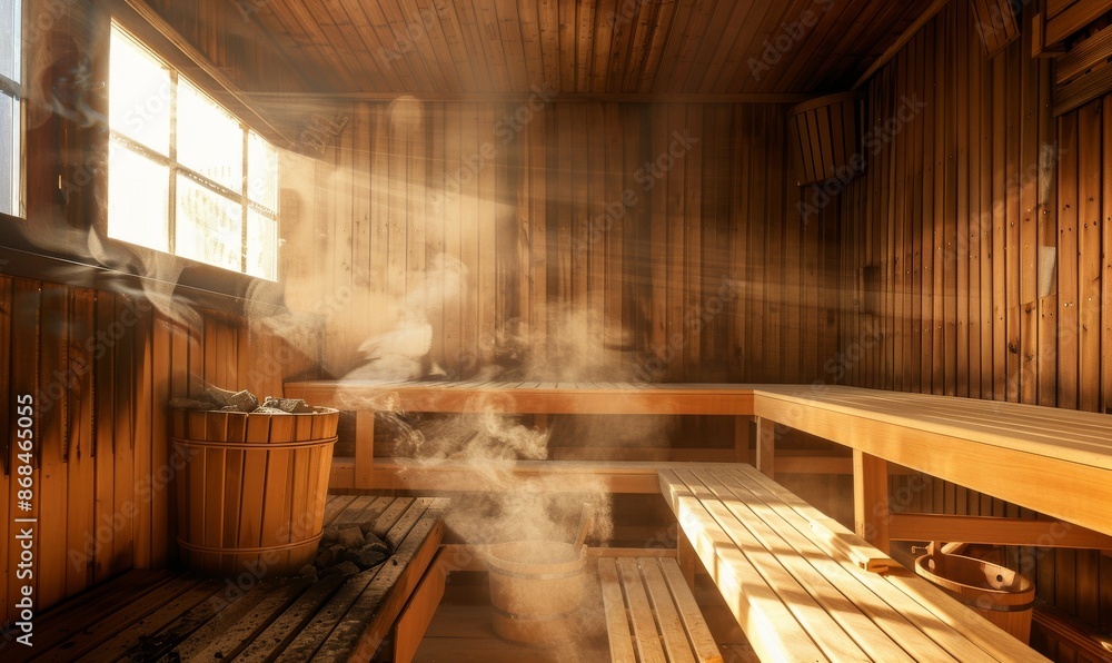 Interior of Finnish sauna, classic wooden sauna with hot steam. Russian