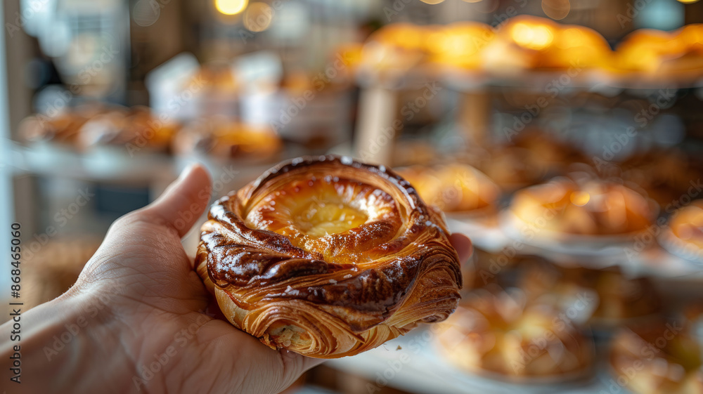 Obraz premium Hand holding a freshly baked pastry at a bakery.