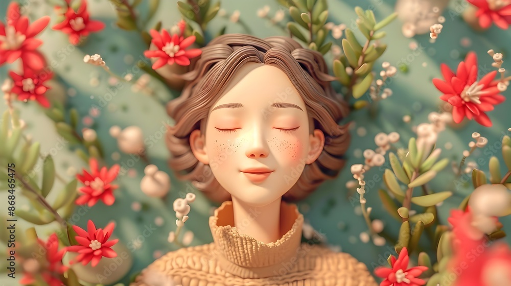 Peaceful and Serene Digital Portrait of a Woman with Eyes Closed,Surrounded by a Vibrant Wreath of Botanical Flowers and Foliage. Peaceful and Serene Digital Portrait of a Woman with Eyes Closed,Surrounded by a Vibrant Wreath of Botanical Flowers and Foliage.