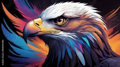 Majestic eagle with vibrant feathers, Digital art, hyperrealistic, Freedom, Strength, Wisdom photo