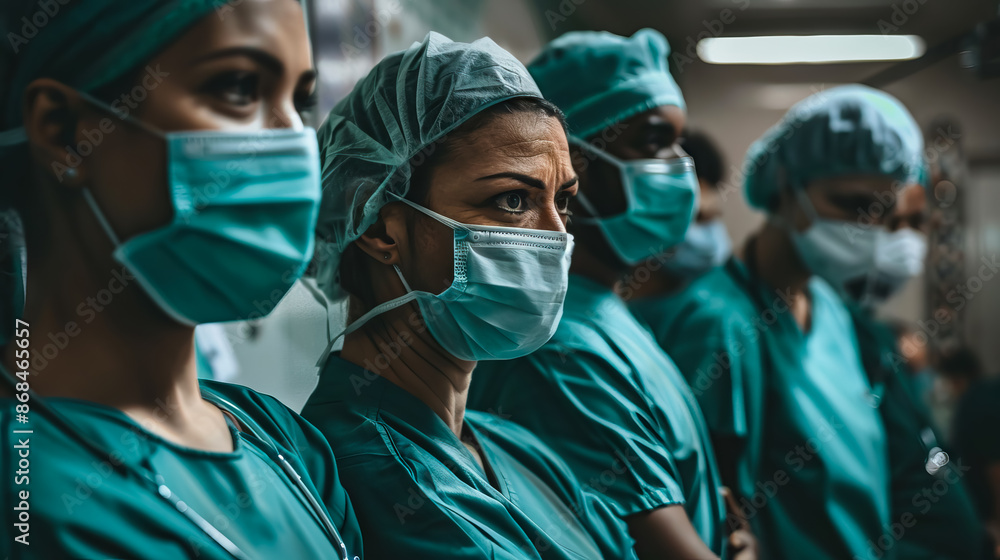 close up A team of surgeons in the operating room . A team of doctors standing in a hospital. . close up A team of surgeons in the operating room . A team of doctors standing in a hospital. .