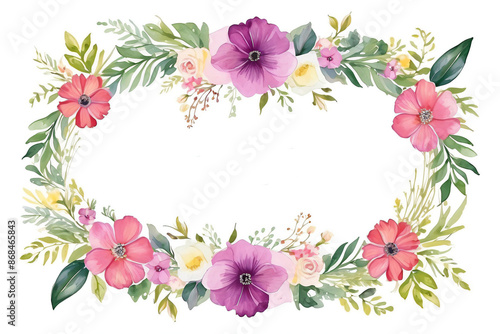 A blank wedding invitation adorned with a watercolor floral frame