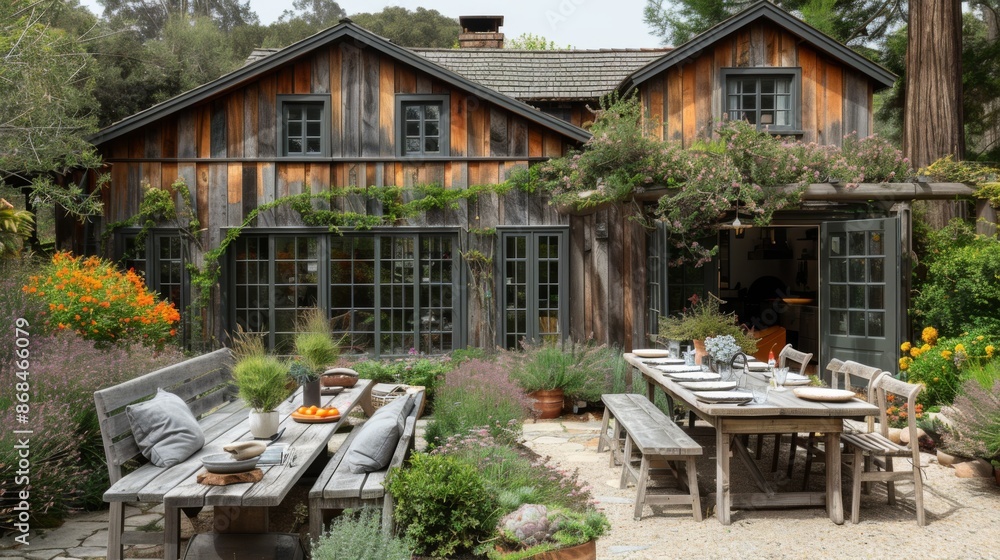 Naklejka premium Light up your outdoor dining area with sparkling string lights, cozy blankets, and festive table settings for a magical holiday