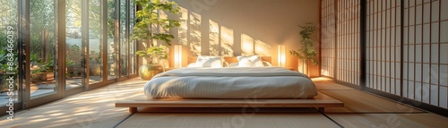 Minimalist bedroom Japanese influences low platform bed shoji screens bright natural lighting