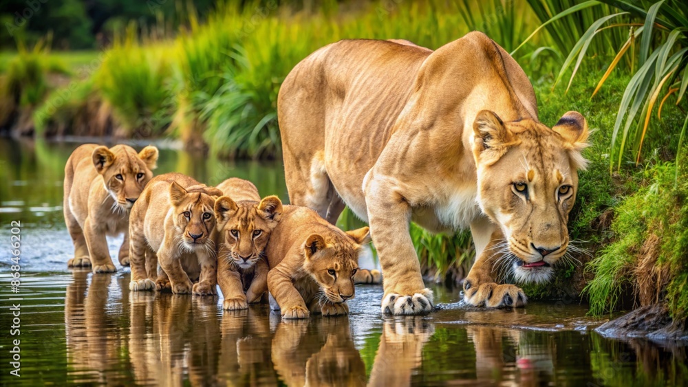 Fototapeta premium A lioness and her cubs drinking from a river, surrounded by lush greenery