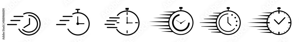 Fast time icon set. Vector illustration of a fast clock with waves isolated on a white background