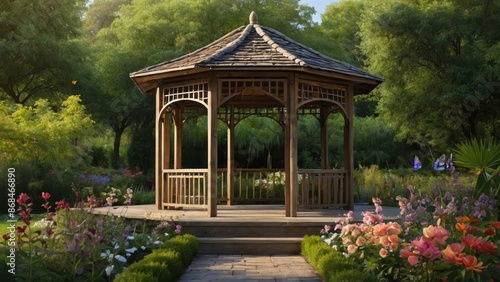 A quaint gazebo in the middle of a blooming garden with sunlight and serene atmosphere