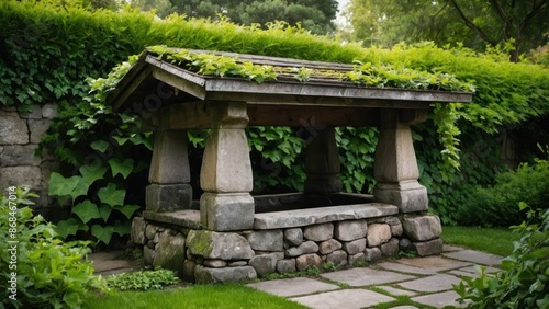 A quaint stone well in the center of a lush garden with a stone path and abundant greenery