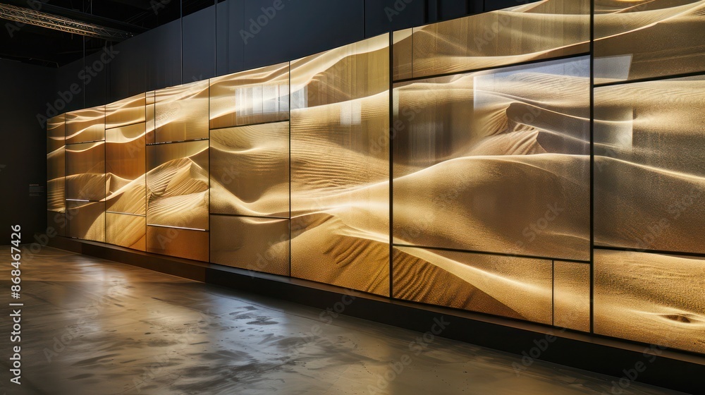 Obraz premium Screen wall featuring a series of sand-filled glass panels, each shaken into patterns that mimic desert dunes