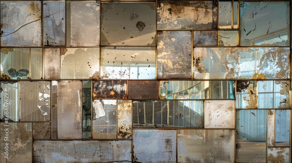 Screen wall featuring a series of antique mirror panels, each aged differently, to create a reflective mosaic that varies throughout the day Screen wall featuring a series of antique mirror panels, each aged differently, to create a reflective mosaic that varies throughout the day