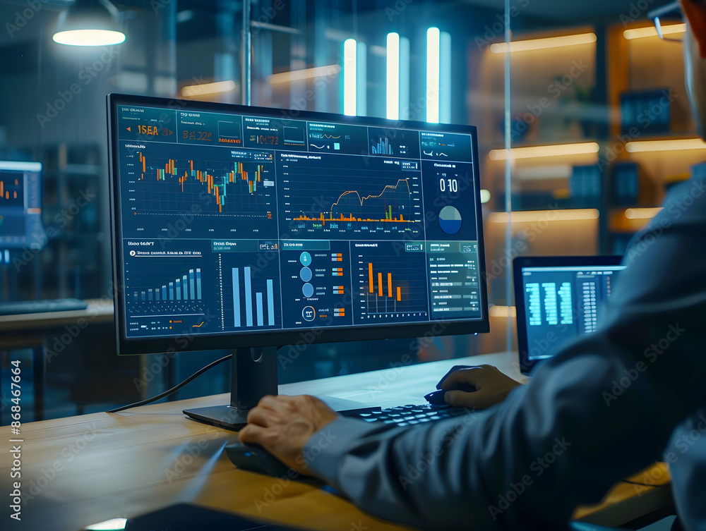 Fototapeta premium Business analysts analyzing data on PC, Data analyzing, business growth analysis, stock market sales analysis, business development concept