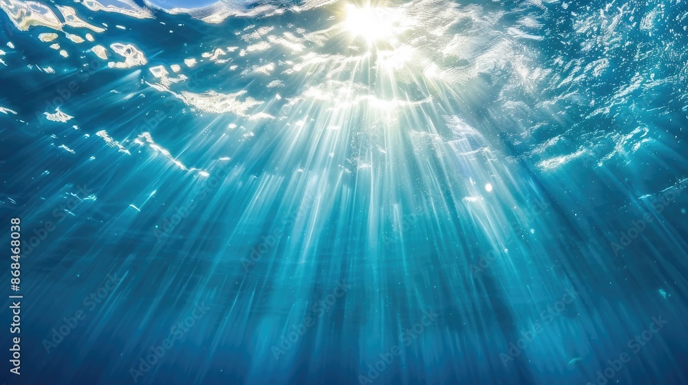 Water Looking Up. Sun Rays Shining Through Mediterranean Sea in France Water Looking Up. Sun Rays Shining Through Mediterranean Sea in France