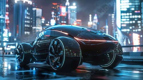 A chic black electric car on the streets of a big city. The car of the future