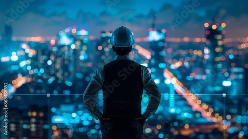 Visual background of a collage of different scenes. Management strategy and different concepts of building future cities. Double exposure.