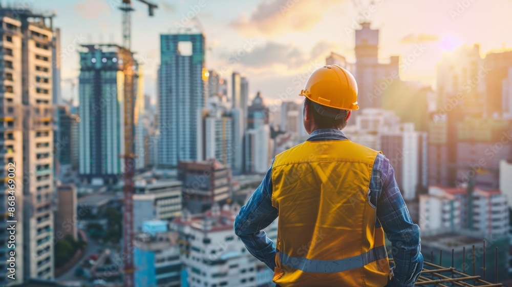 Builder in a safety helmet against the backdrop of a large city. Management strategy and various concepts for the construction of future cities. Builder in a safety helmet against the backdrop of a large city. Management strategy and various concepts for the construction of future cities.