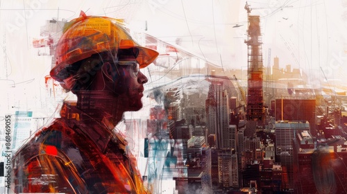 Visual background of a collage of different scenes. Management strategy and different concepts of building future cities. Double exposure.