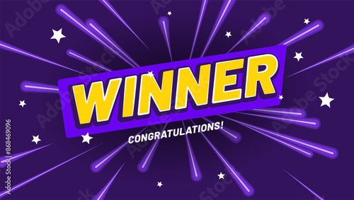 Winner fireworks illustration. Rich yellow background for victory celebration with text winner, congratulations and fireworks. First place award template. Success achievement banner for website